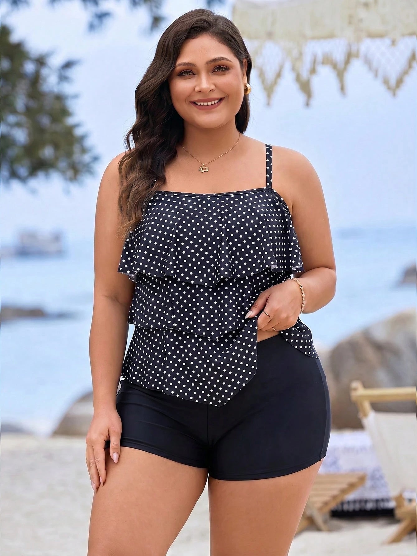 Swim Lushoire Plus Size Women 2pcs Set Striped Print Push-Up Adjustable Strap Casual Vacation Beach Tank Style Swimsuit