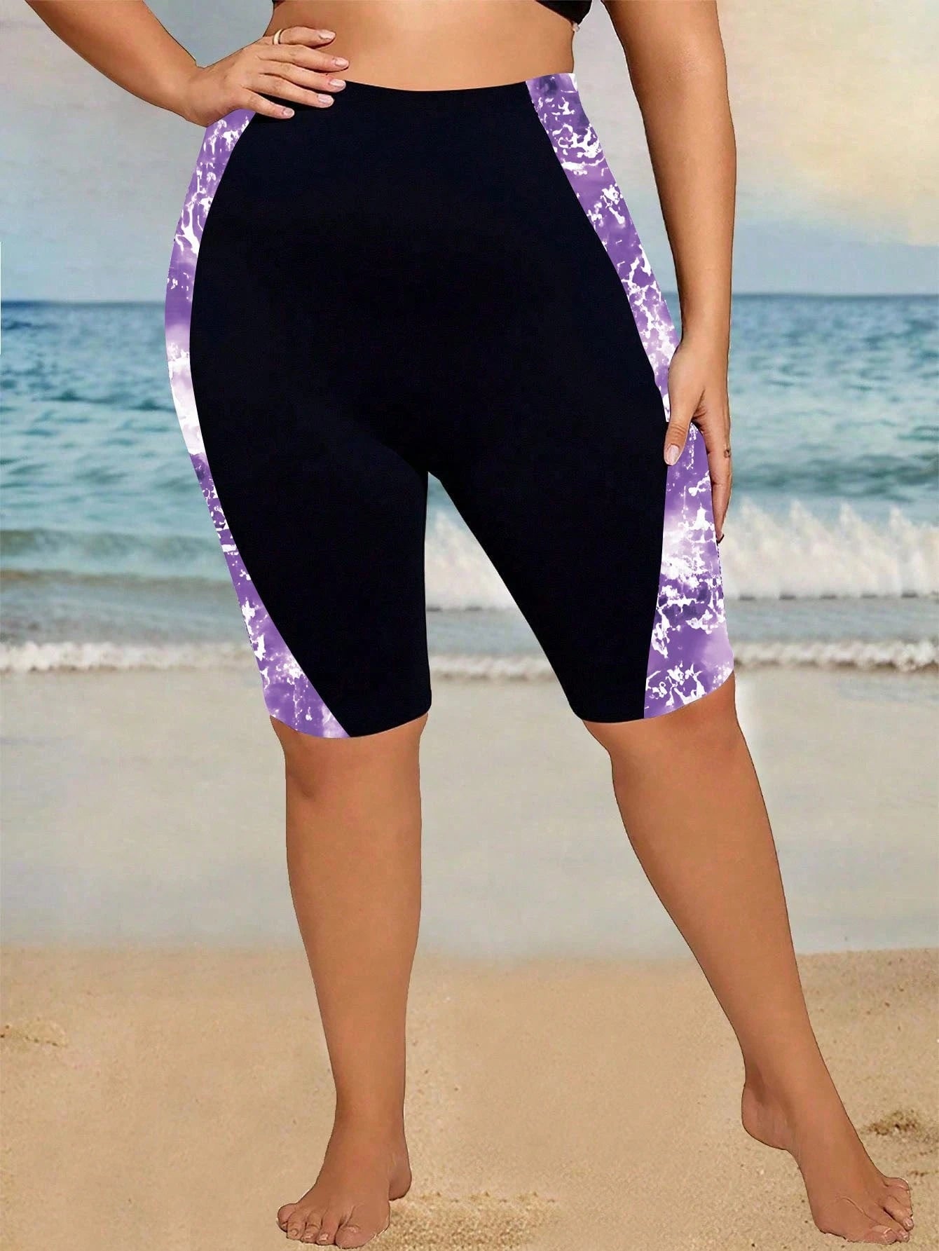 Swim Lushoire Plus Size Women Digital Print Splice Mid-Thigh Swim Shorts, Beach Party Vacation Swimwear For Summer
