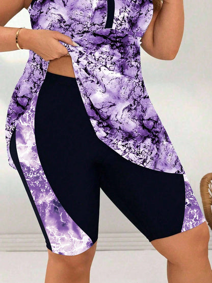 Swim Lushoire Plus Size Women Digital Print Splice Mid-Thigh Swim Shorts, Beach Party Vacation Swimwear For Summer