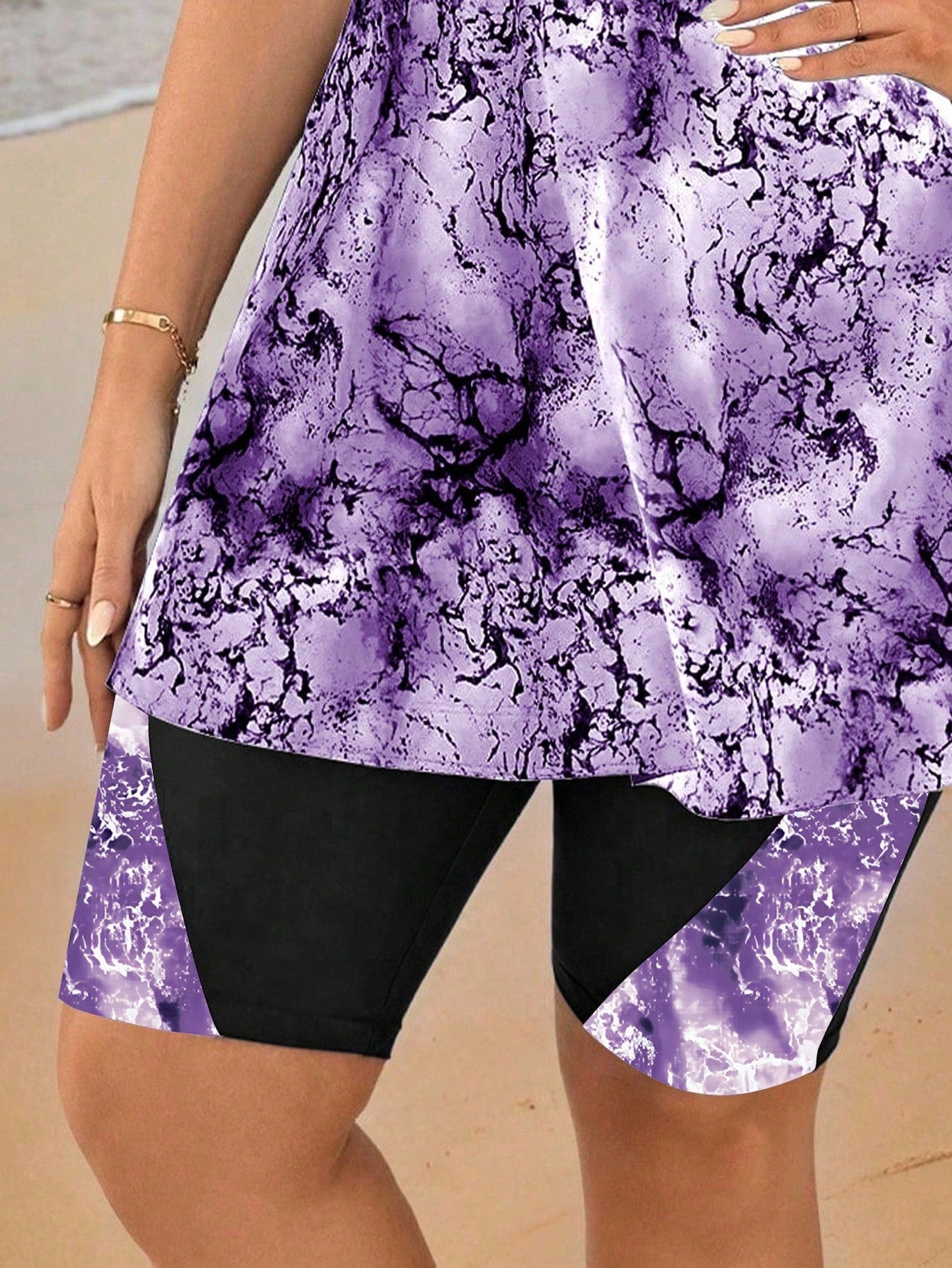 Swim Lushoire Plus Size Women Digital Print Splice Mid-Thigh Swim Shorts, Beach Party Vacation Swimwear For Summer