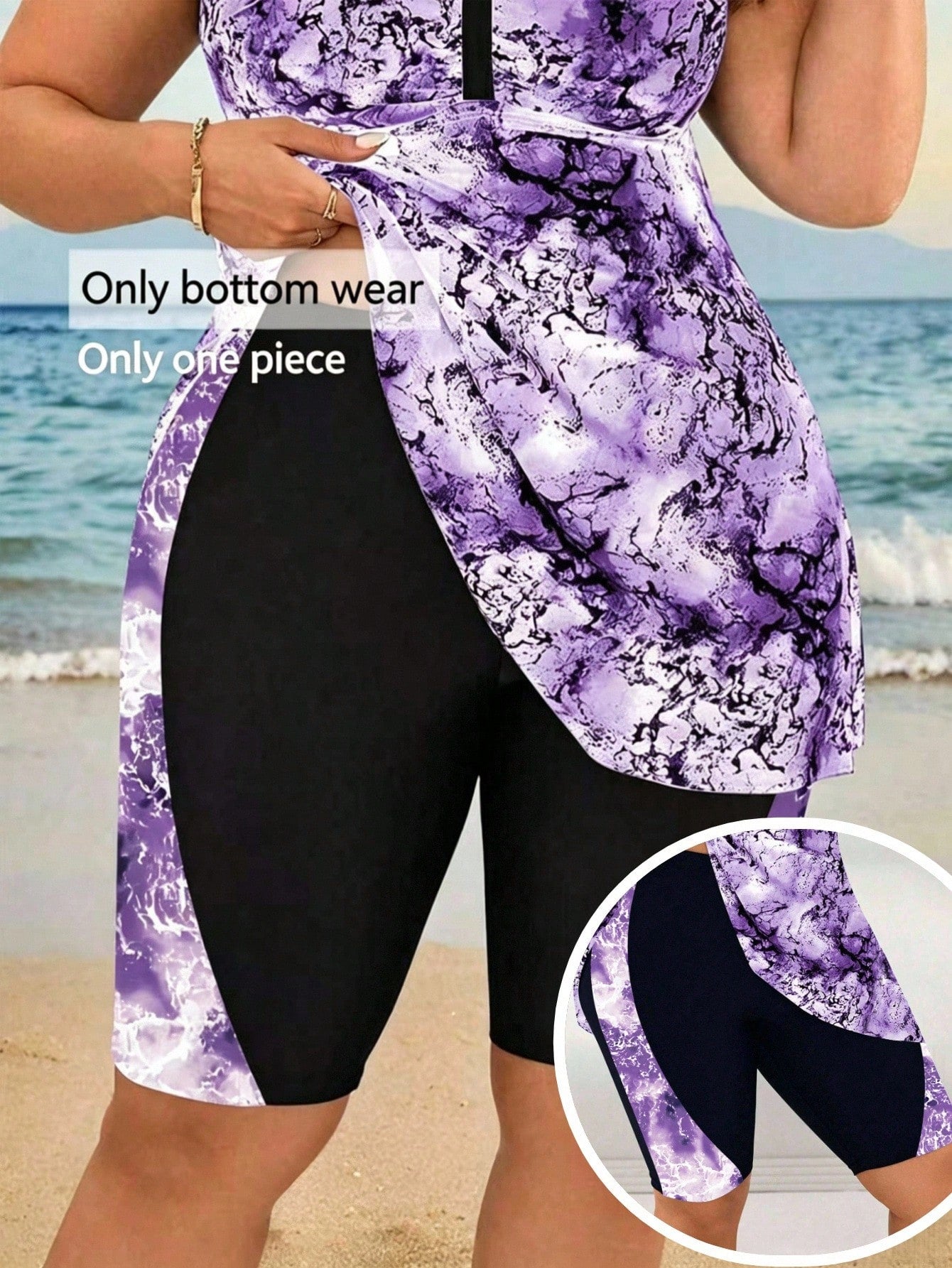 Swim Lushoire Plus Size Women Digital Print Splice Mid-Thigh Swim Shorts, Beach Party Vacation Swimwear For Summer
