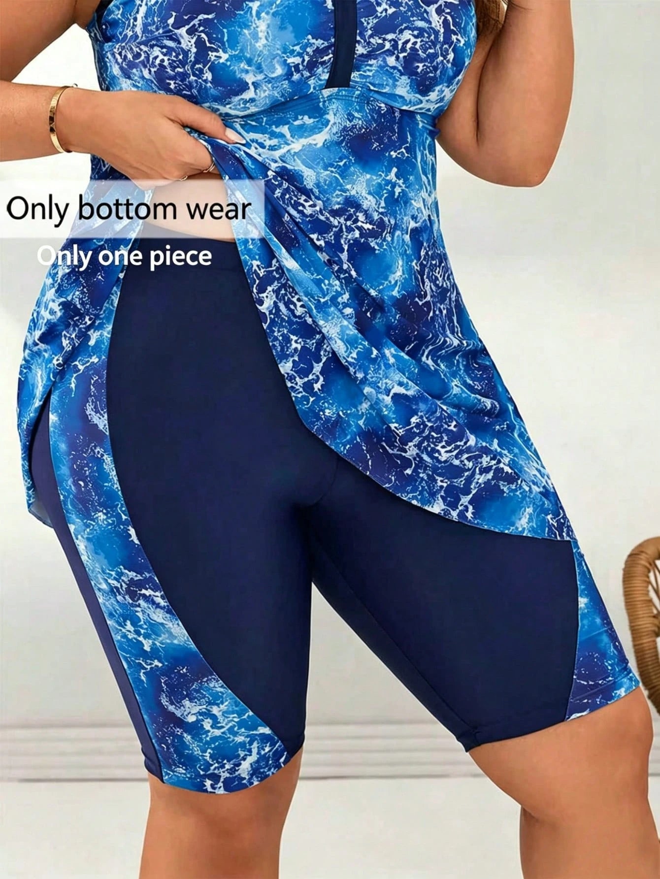 Swim Lushoire Plus Size Women Digital Print Splice Mid-Thigh Swim Shorts, Beach Party Vacation Swimwear For Summer