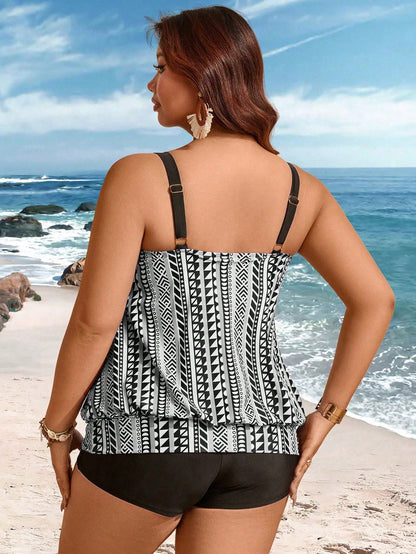 Swim Lushoire Plus Size Women's 2 Pieces Set Retro Abstract Geometric Print White Summer Boho Beach Party Holiday Elegant Casual Halter Bikini Cropped Top & Shorts