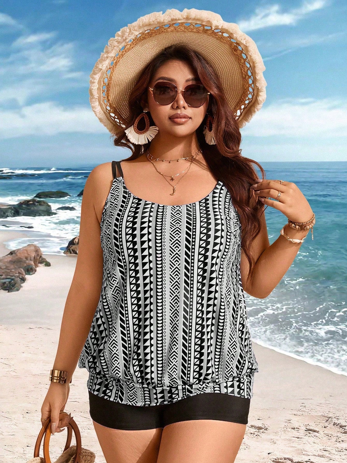 Swim Lushoire Plus Size Women's 2 Pieces Set Retro Abstract Geometric Print White Summer Boho Beach Party Holiday Elegant Casual Halter Bikini Cropped Top & Shorts