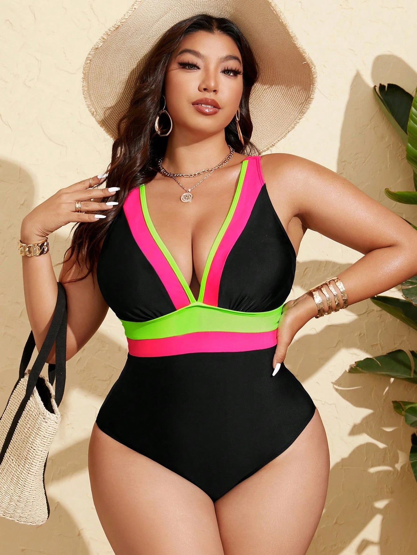 Swim Lushoire Plus Size Women's Deep V Neck Color Block Hollow Back One-Piece Swimsuit, Summer Beach Vacation