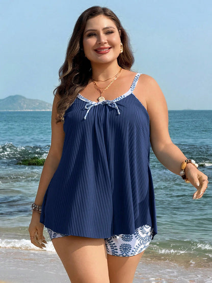 Swim Lushoire Plus Size Women's Navy Blue Floral Print Wide Rib Fabric Tankini Swimwear,Elegant Summer Beach Holiday Holiday Color Block Separate Bathing Suits