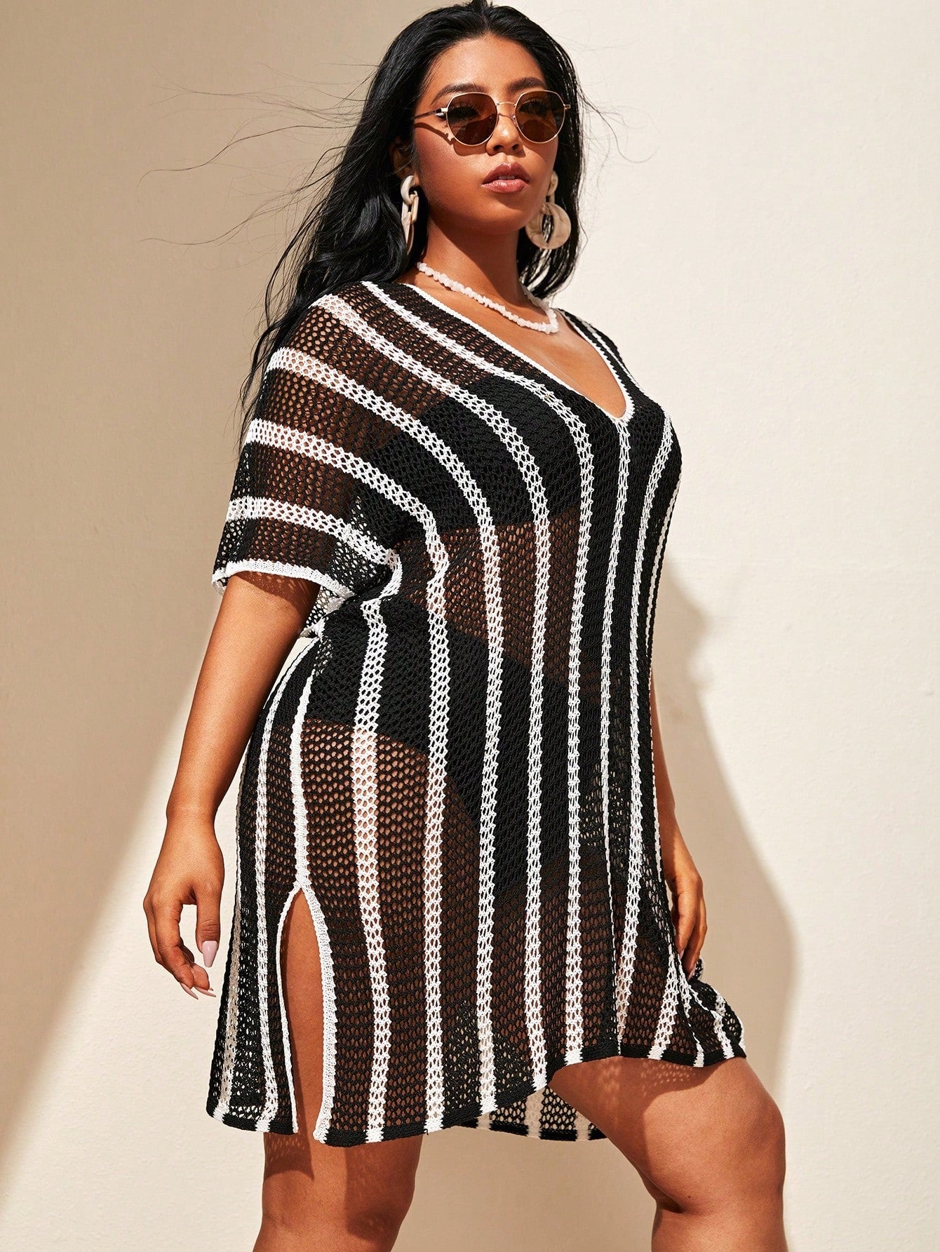 Swim Lushoire Plus Size Women's Patchwork V-Neck Striped Split Shoulder Knitted Mid-Long Casual Loose Beachwear Cover Up, Suitable For Summer Beach