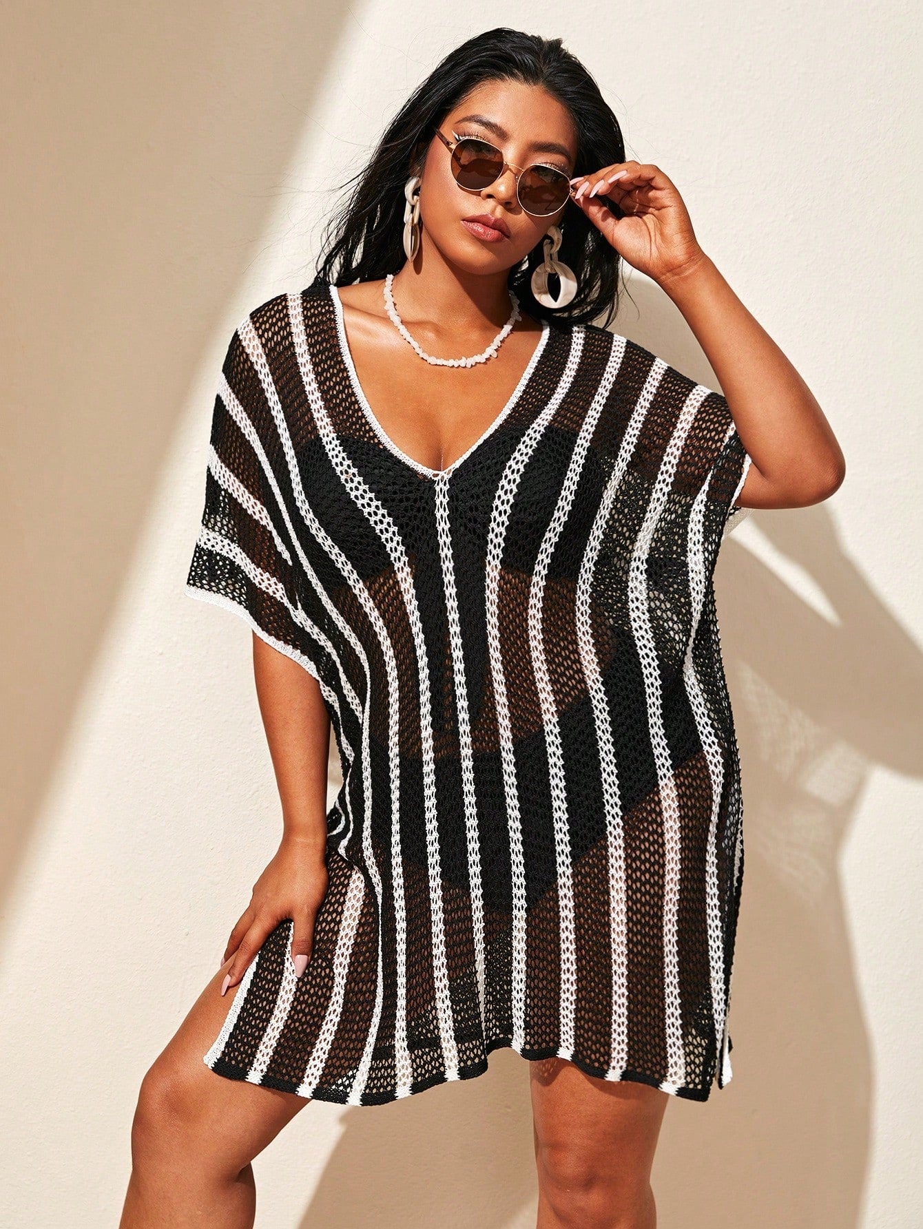 Swim Lushoire Plus Size Women's Patchwork V-Neck Striped Split Shoulder Knitted Mid-Long Casual Loose Beachwear Cover Up, Suitable For Summer Beach