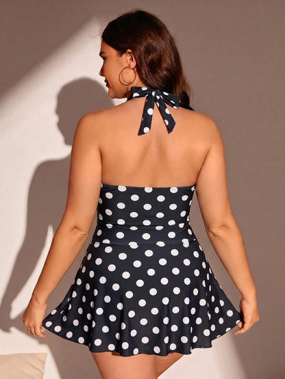 Swim Lushoire Plus Size Women's Polka Dot Print Halter Neck Tie Strap Swim Dress For Vacation Beach