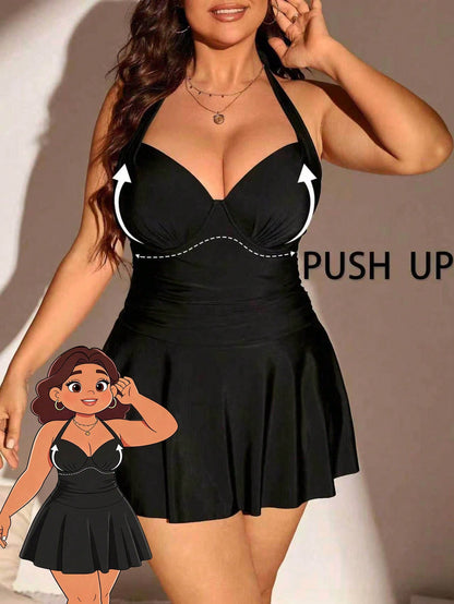 Swim Lushoire Plus Size Women's Polka Dot Print Halter Neck Tie Strap Swim Dress For Vacation Beach