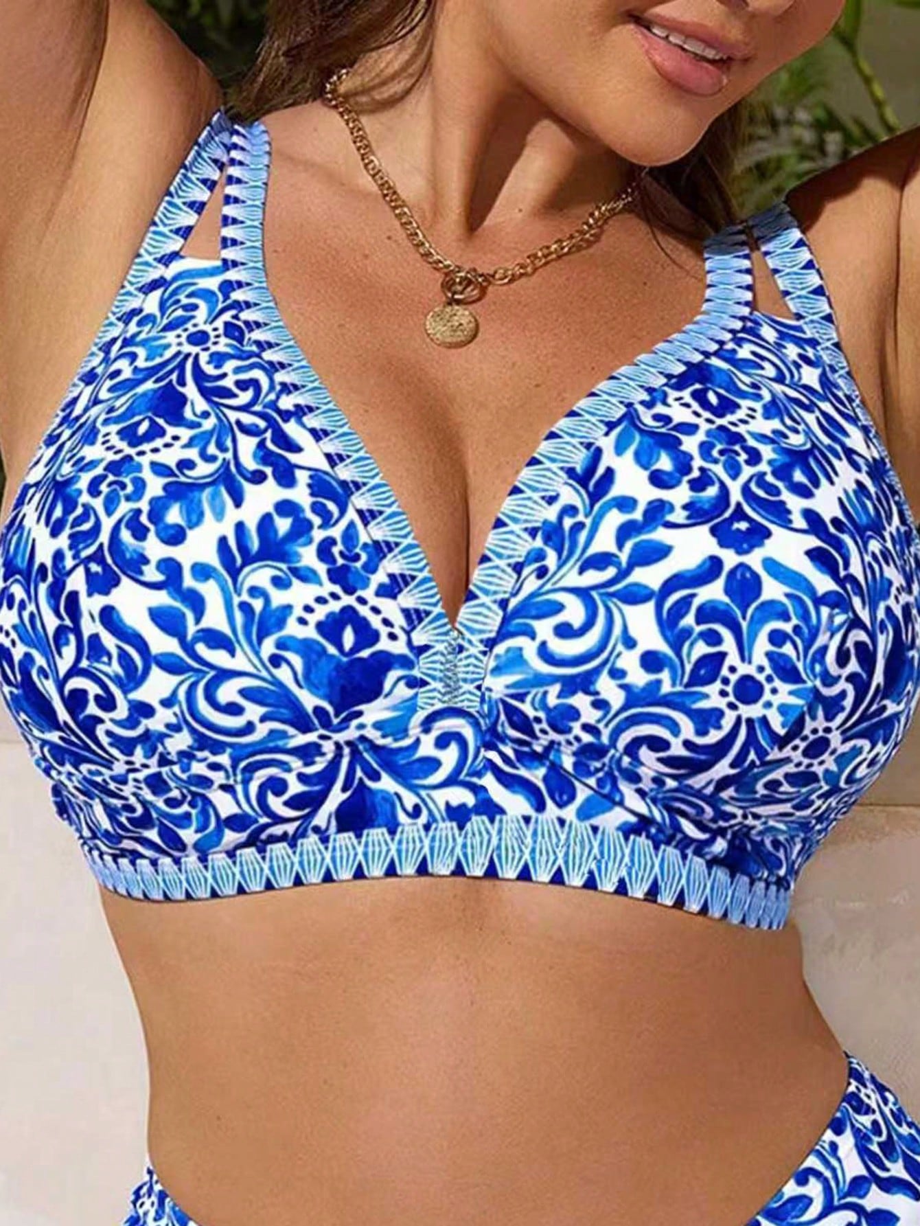 Swim Lushoire Plus Size Women's Printed Adjustable Strap Fashion Bikini Top, Casual Sexy Minimalist Design For Holiday & Everyday Wear For Summer Beach Vacation