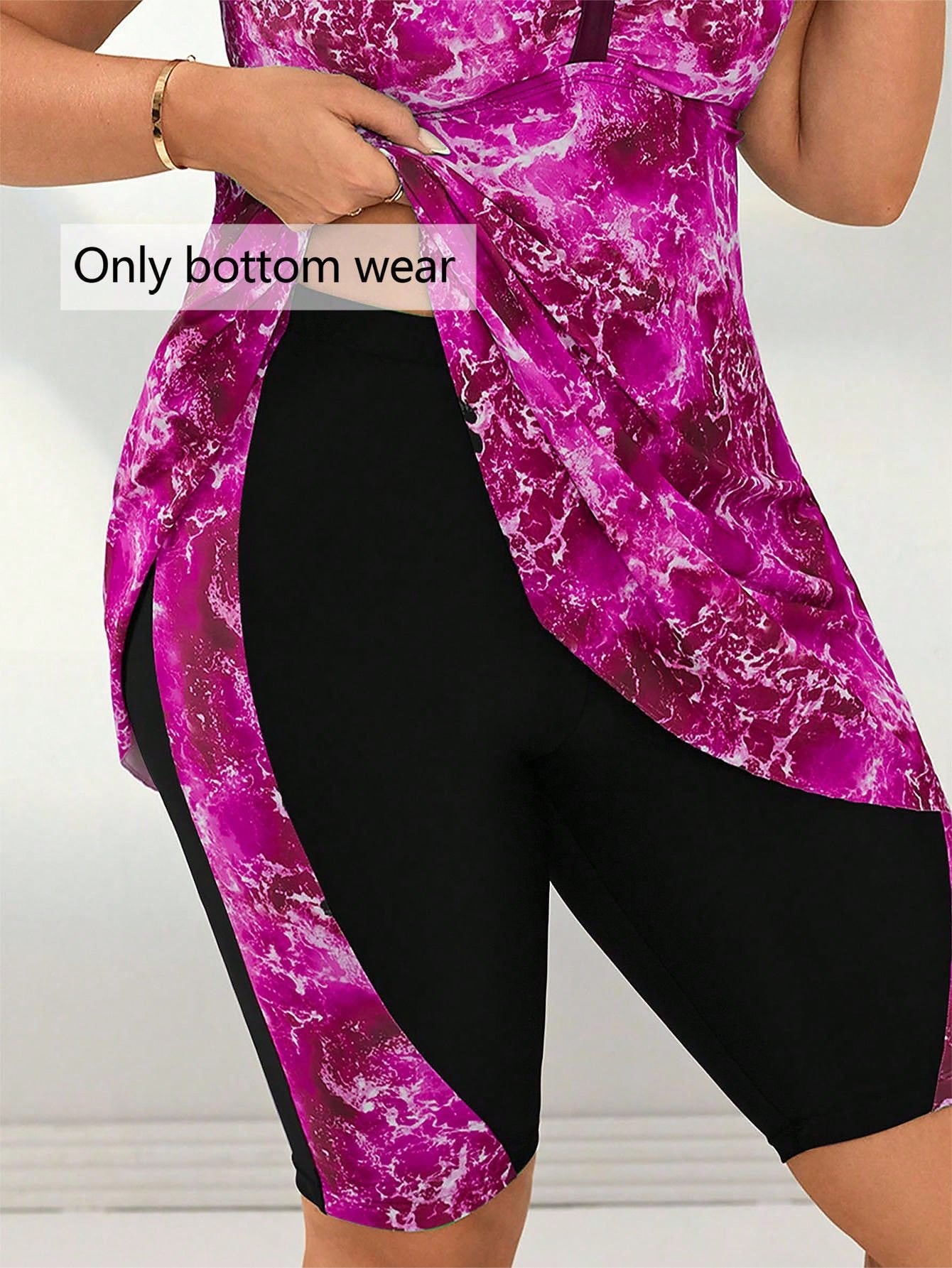 Swim Lushoire Plus Size Women's Printed Splice Mid-Thigh Length Swim Shorts, Beach Party Holiday Swimwear For Summer Beach Vacation