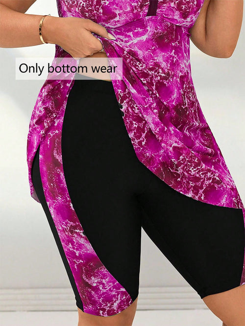 Swim Lushoire Plus Size Women's Printed Splice Mid-Thigh Length Swim Shorts, Beach Party Holiday Swimwear For Summer Beach Vacation