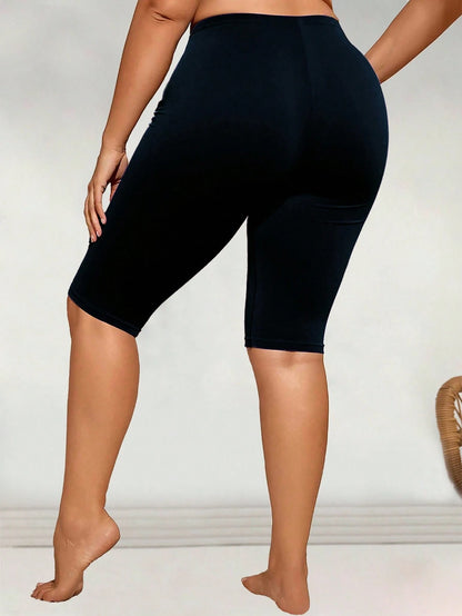Swim Lushoire Plus Size Women's Printed Splice Mid-Thigh Length Swim Shorts, Beach Party Holiday Swimwear For Summer Beach Vacation