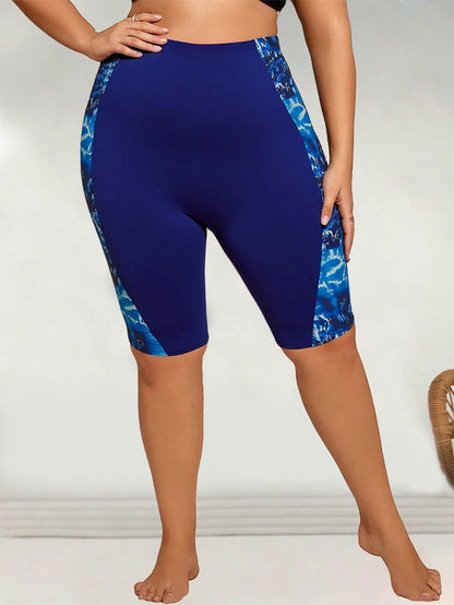 Swim Lushoire Plus Size Women's Printed Splice Mid-Thigh Length Swim Shorts, Beach Party Holiday Swimwear For Summer Beach Vacation