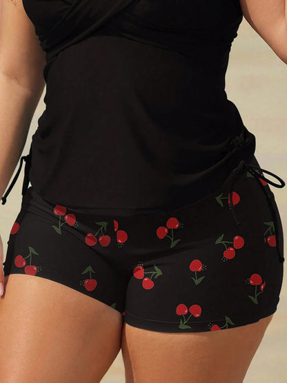 Swim Lushoire Plus Size Women's Random Print Mid-Waist Shorts Casual Beach Swimwear Bottoms
