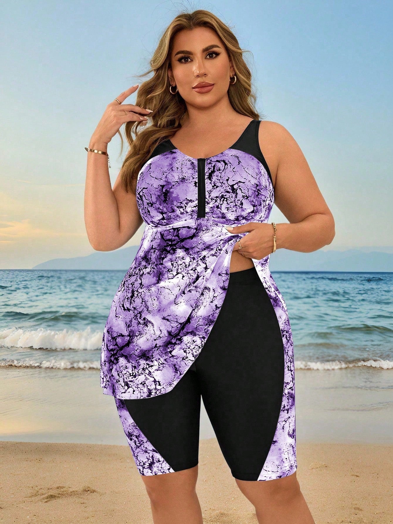 Swim Lushoire Plus Size Women's Random Tie Dye Print Bandeau Bikini Swimwear Set, Beach Vacation For Summer