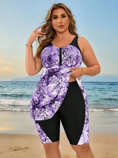 Swim Lushoire Plus Size Women's Random Tie Dye Print Bandeau Bikini Swimwear Set, Beach Vacation For Summer