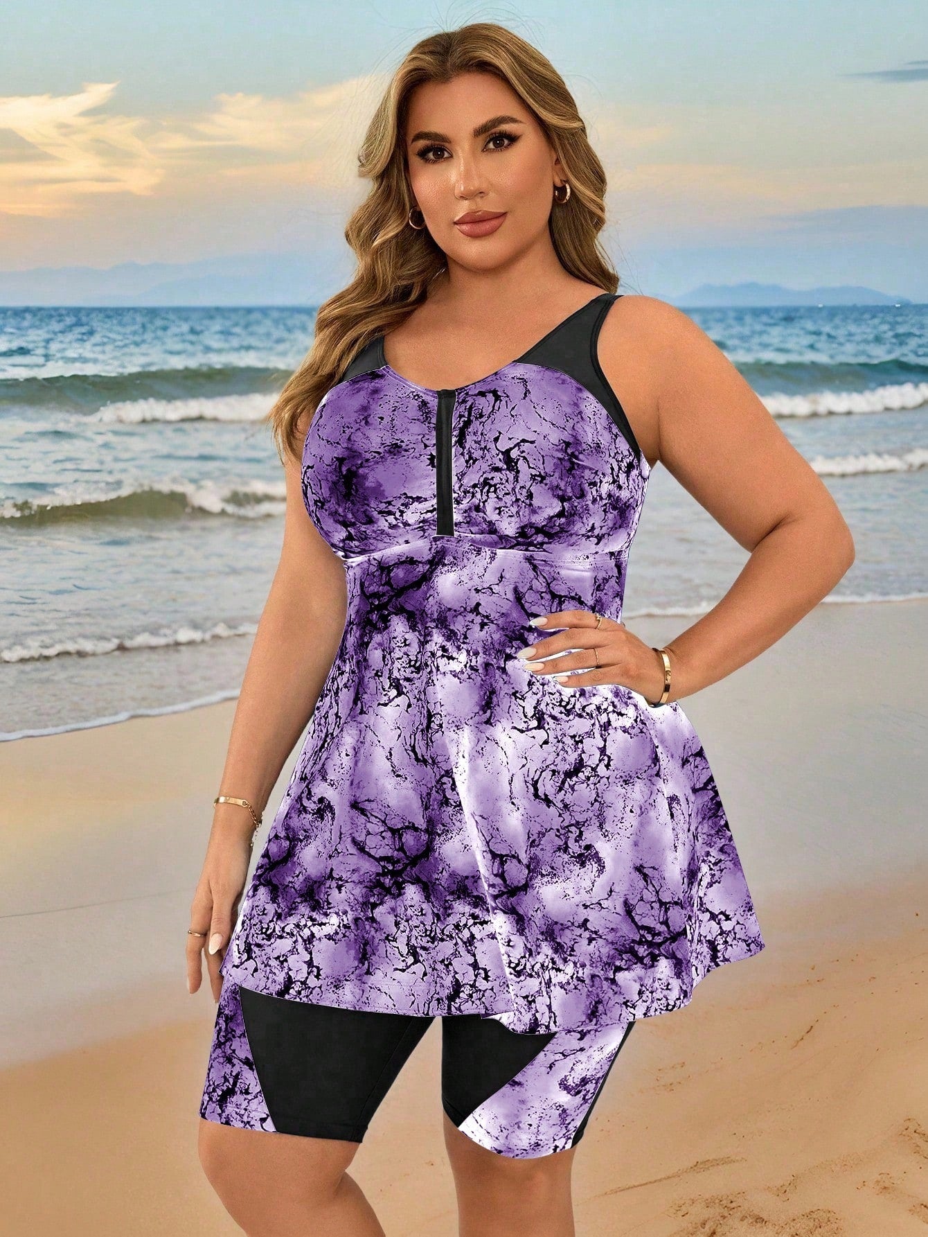Swim Lushoire Plus Size Women's Random Tie Dye Print Bandeau Bikini Swimwear Set, Beach Vacation For Summer