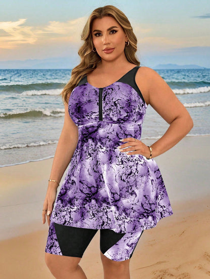Swim Lushoire Plus Size Women's Random Tie Dye Print Bandeau Bikini Swimwear Set, Beach Vacation For Summer