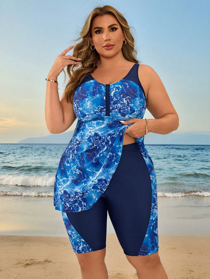 Swim Lushoire Plus Size Women's Random Tie Dye Print Bandeau Bikini Swimwear Set, Beach Vacation For Summer