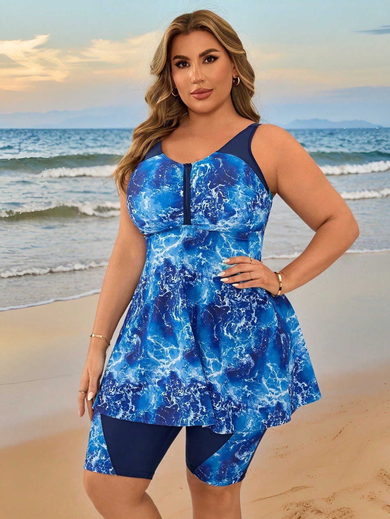 Swim Lushoire Plus Size Women's Random Tie Dye Print Bandeau Bikini Swimwear Set, Beach Vacation For Summer
