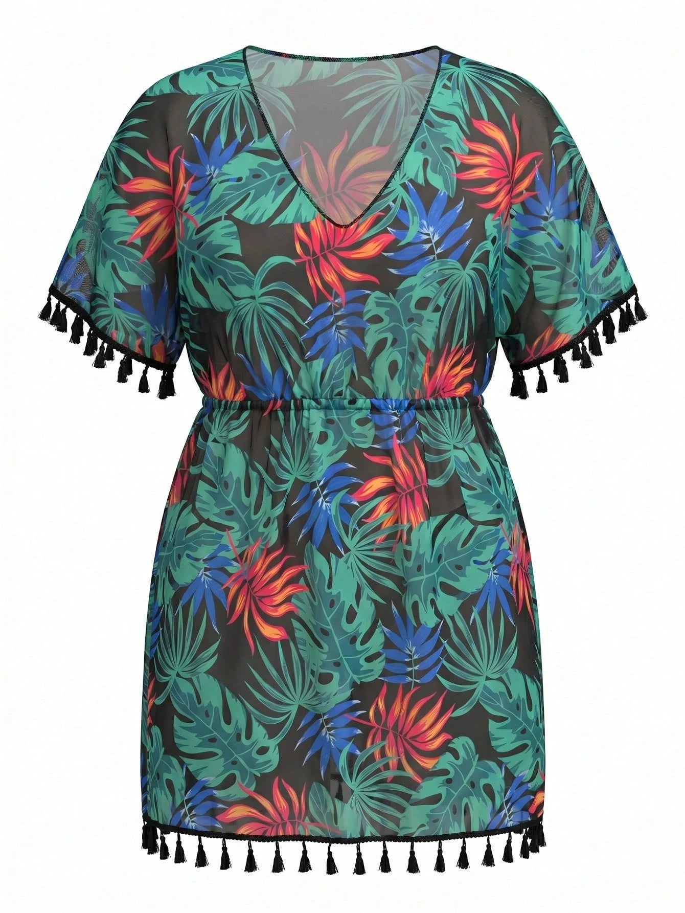 Swim Lushoire Plus Size Women's Random Tropical Green Plant Print V-Neck Loose Tasseled Beach Coverup Dress, Casual Resort For Summer Beach Vacation