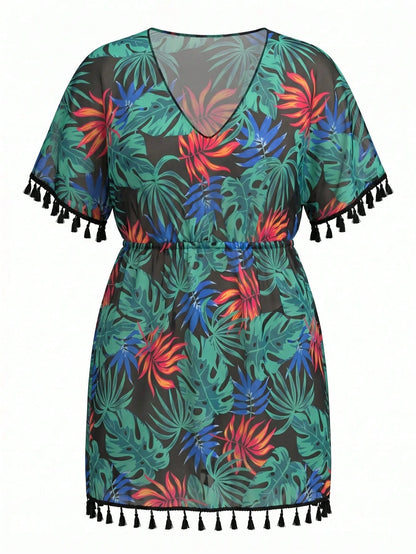 Swim Lushoire Plus Size Women's Random Tropical Green Plant Print V-Neck Loose Tasseled Beach Coverup Dress, Casual Resort For Summer Beach Vacation