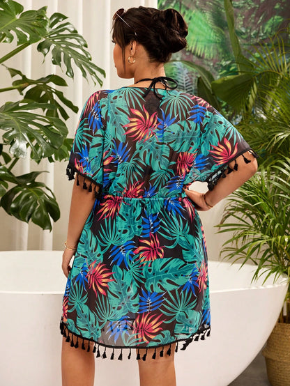 Swim Lushoire Plus Size Women's Random Tropical Green Plant Print V-Neck Loose Tasseled Beach Coverup Dress, Casual Resort For Summer Beach Vacation