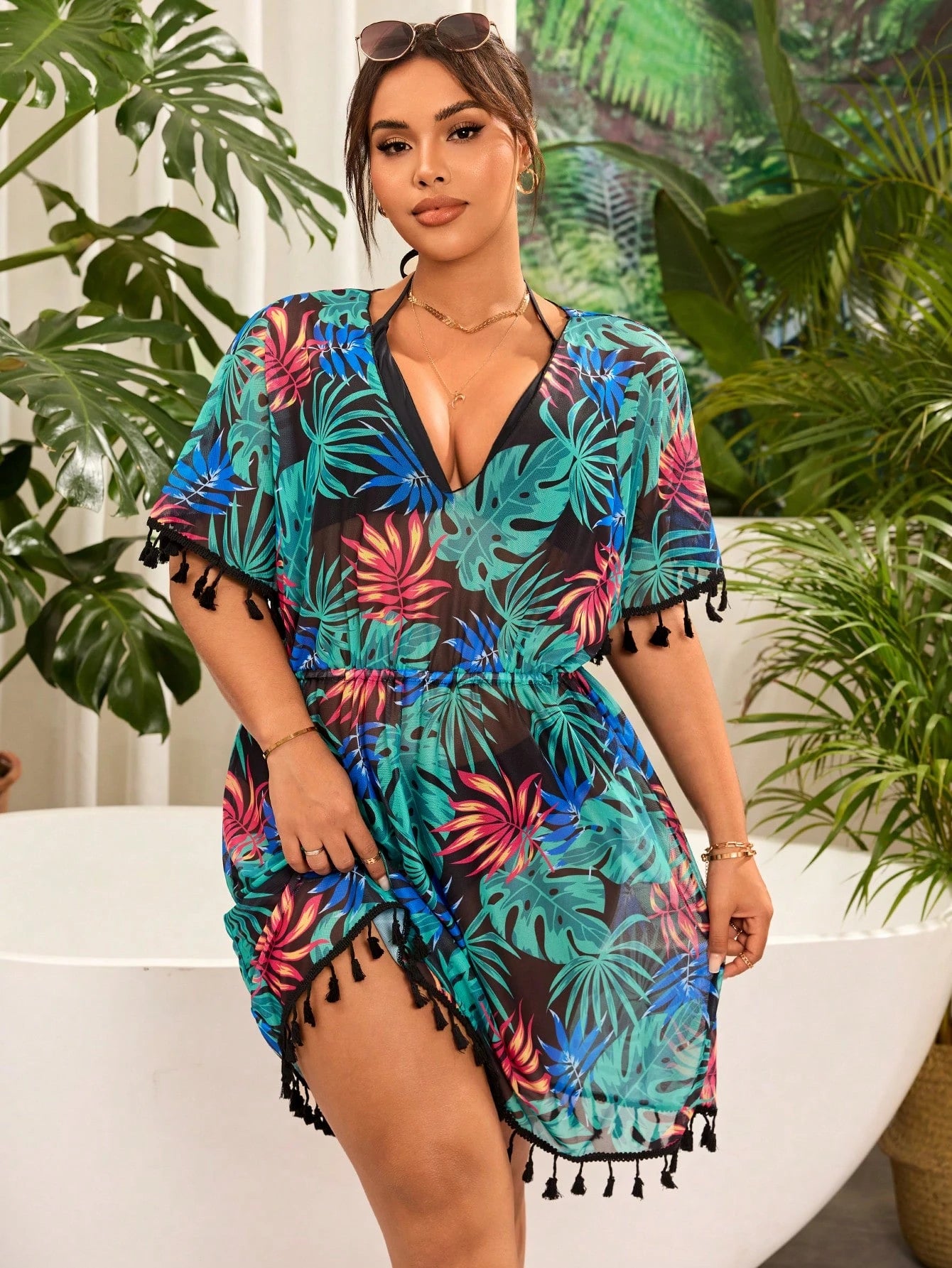 Swim Lushoire Plus Size Women's Random Tropical Green Plant Print V-Neck Loose Tasseled Beach Coverup Dress, Casual Resort For Summer Beach Vacation