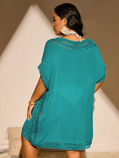 Swim Lushoire Plus Size Women's Solid Color Loose Beach Beach Vacation Cover-Up Teal Summer Boho