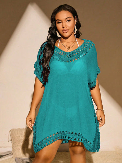 Swim Lushoire Plus Size Women's Solid Color Loose Beach Beach Vacation Cover-Up Teal Summer Boho