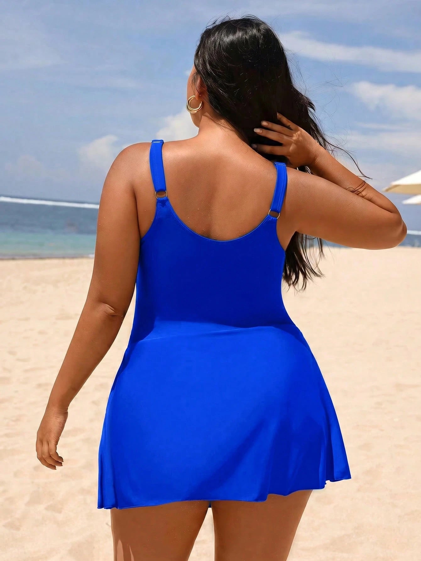 Swim Lushoire Plus Size Women's Solid Color Ruched One-Piece Swimsuit, Suitable For Beach Vacation, Pool Party, Beach Party