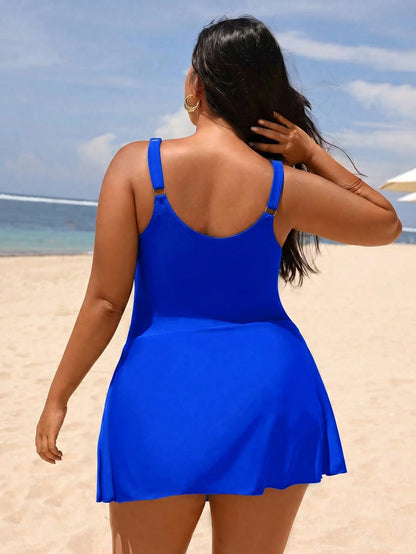 Swim Lushoire Plus Size Women's Solid Color Ruched One-Piece Swimsuit, Suitable For Beach Vacation, Pool Party, Beach Party
