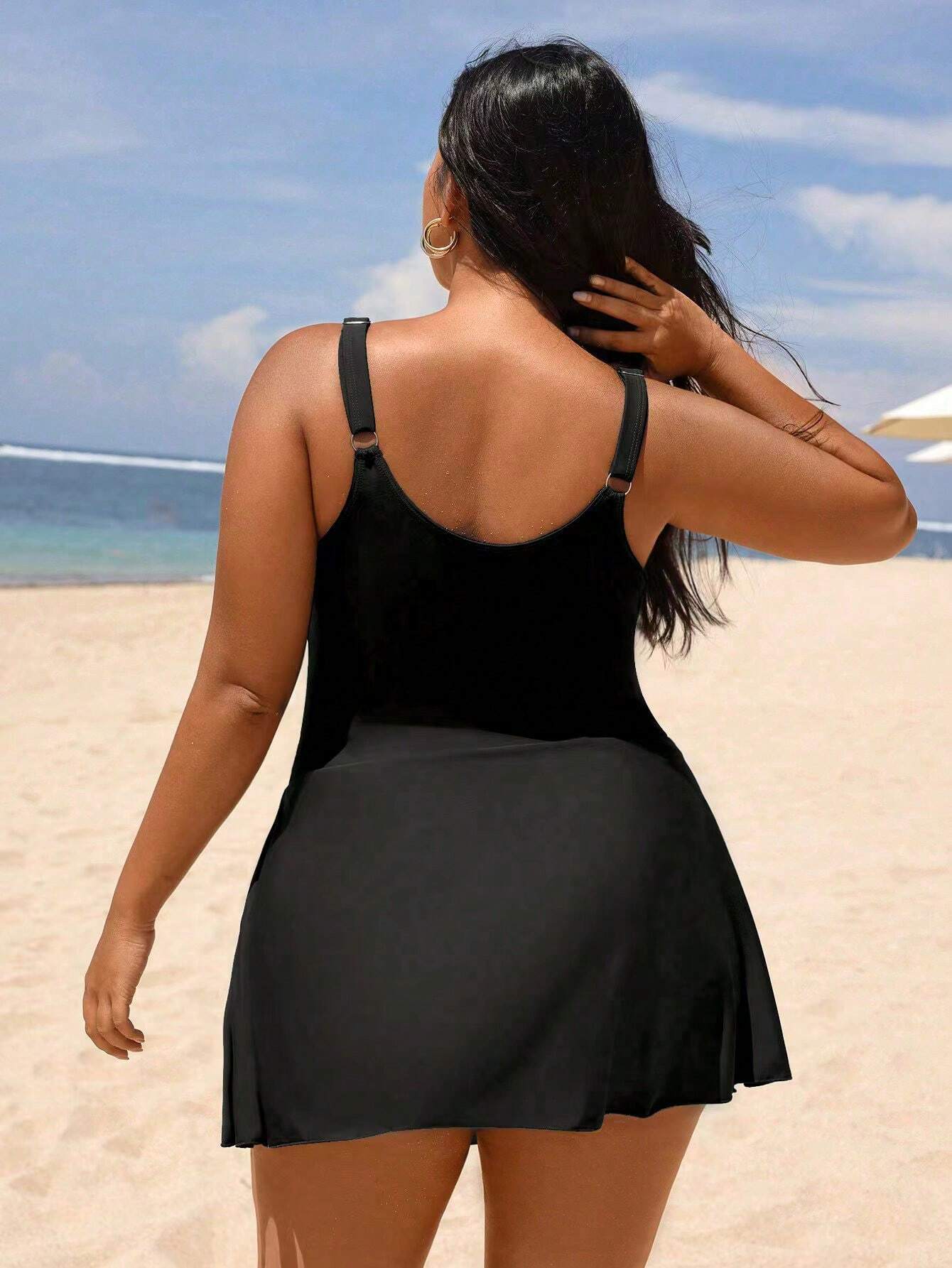 Swim Lushoire Plus Size Women's Solid Color Ruched One-Piece Swimsuit, Suitable For Beach Vacation, Pool Party, Beach Party