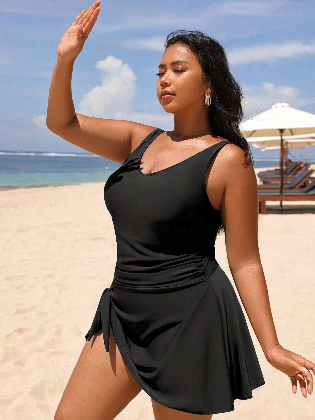 Swim Lushoire Plus Size Women's Solid Color Ruched One-Piece Swimsuit, Suitable For Beach Vacation, Pool Party, Beach Party