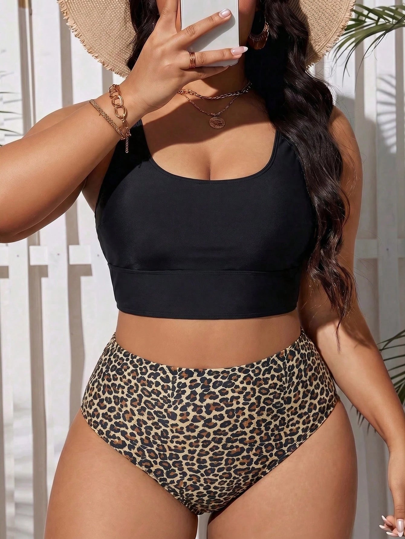 Swim Lushoire Plus Size Women's Solid Color Tank Top And Leopard Print Triangle Bikini Bottom Swimsuit Set