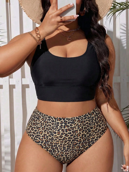 Swim Lushoire Plus Size Women's Solid Color Tank Top And Leopard Print Triangle Bikini Bottom Swimsuit Set