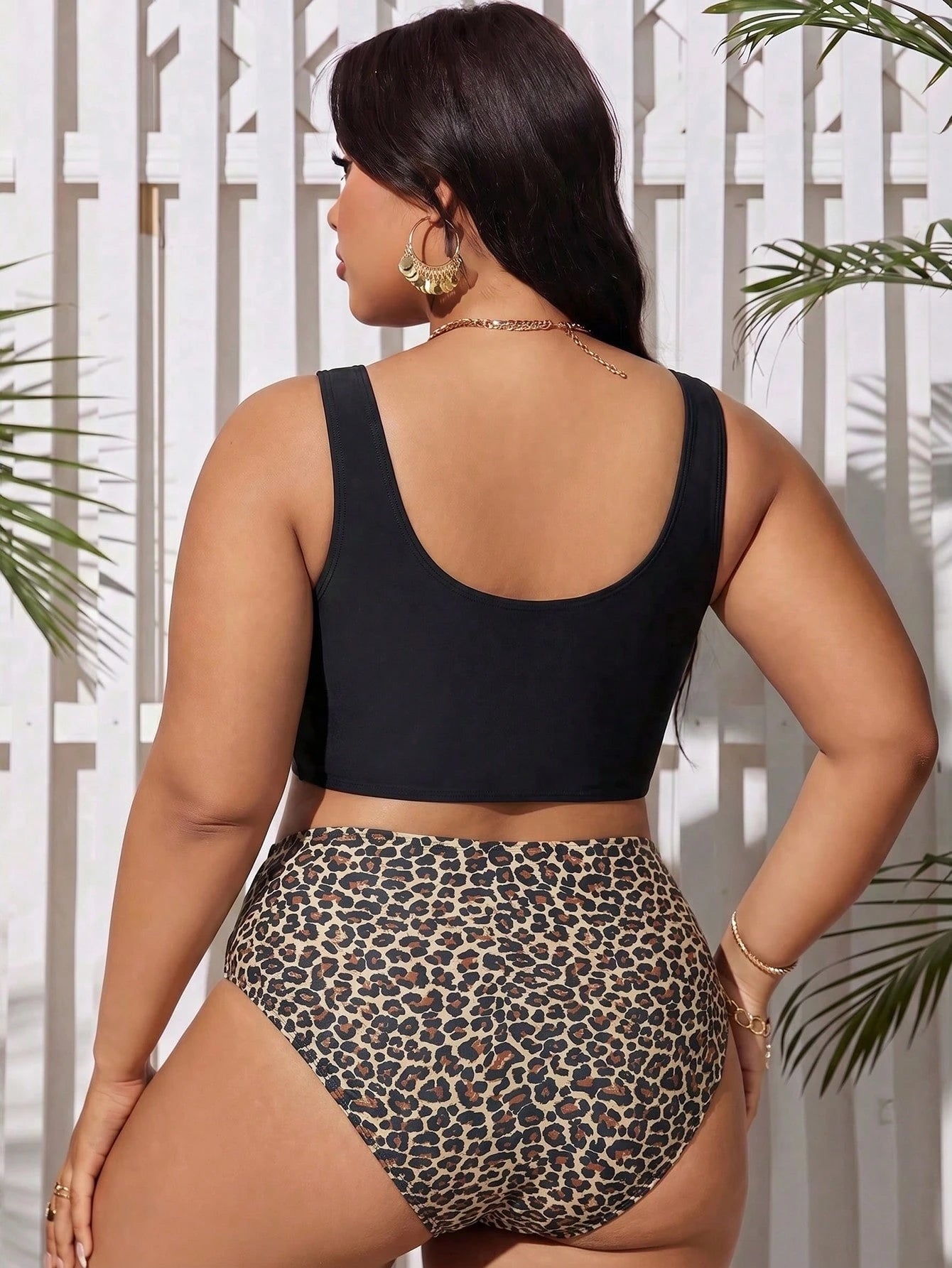 Swim Lushoire Plus Size Women's Solid Color Tank Top And Leopard Print Triangle Bikini Bottom Swimsuit Set