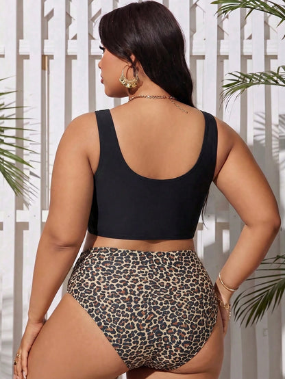 Swim Lushoire Plus Size Women's Solid Color Tank Top And Leopard Print Triangle Bikini Bottom Swimsuit Set
