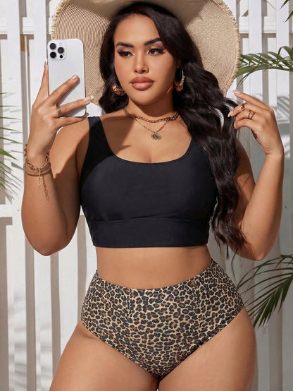 Swim Lushoire Plus Size Women's Solid Color Tank Top And Leopard Print Triangle Bikini Bottom Swimsuit Set