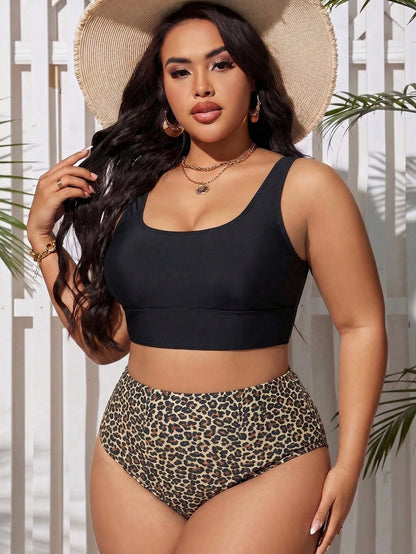 Swim Lushoire Plus Size Women's Solid Color Tank Top And Leopard Print Triangle Bikini Bottom Swimsuit Set