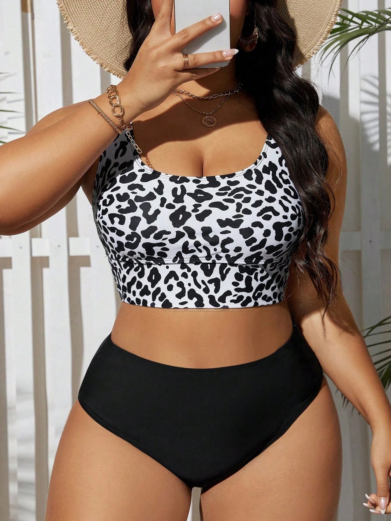 Swim Lushoire Plus Size Women's Solid Color Tank Top And Leopard Print Triangle Bikini Bottom Swimsuit Set