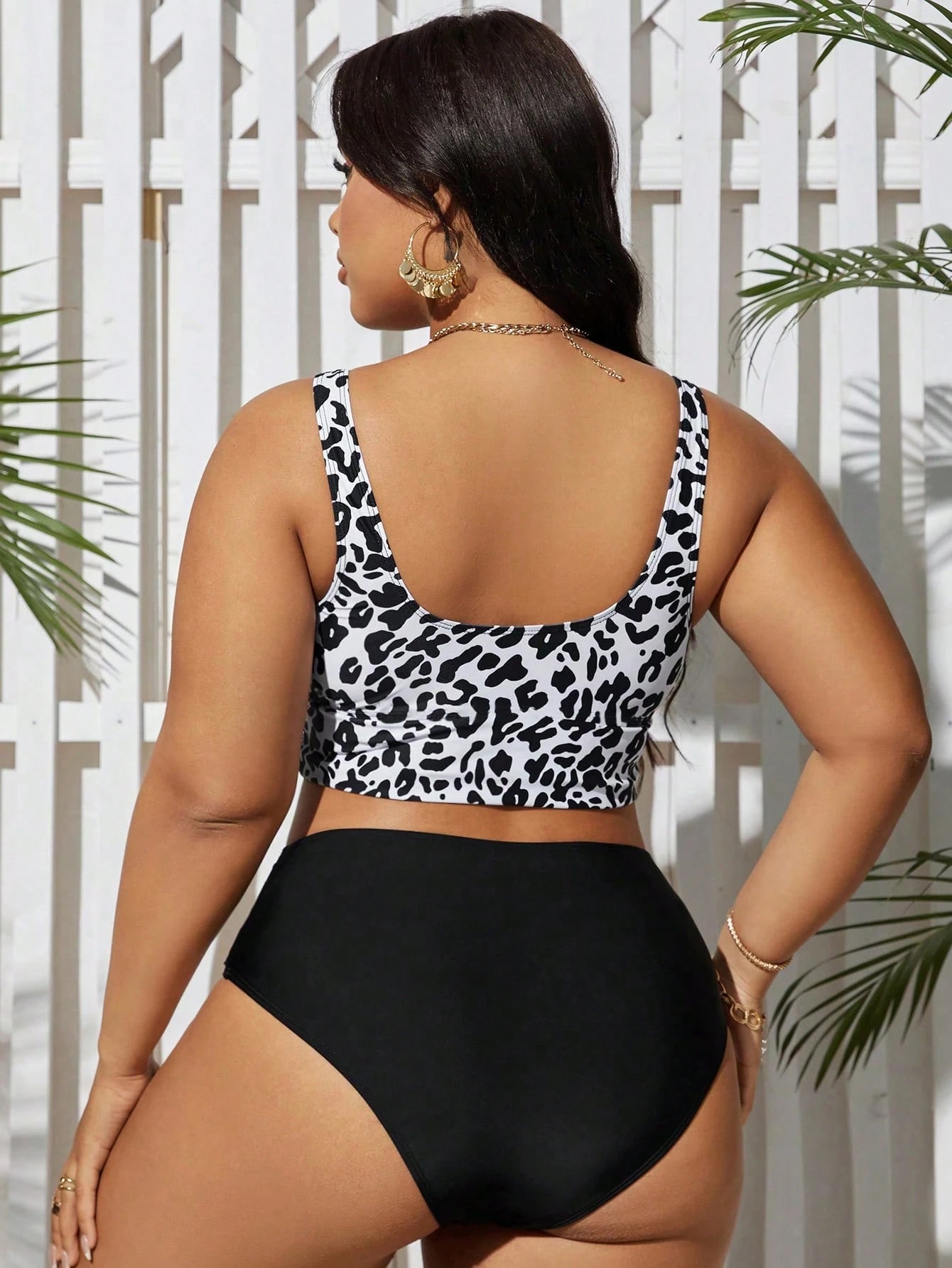 Swim Lushoire Plus Size Women's Solid Color Tank Top And Leopard Print Triangle Bikini Bottom Swimsuit Set