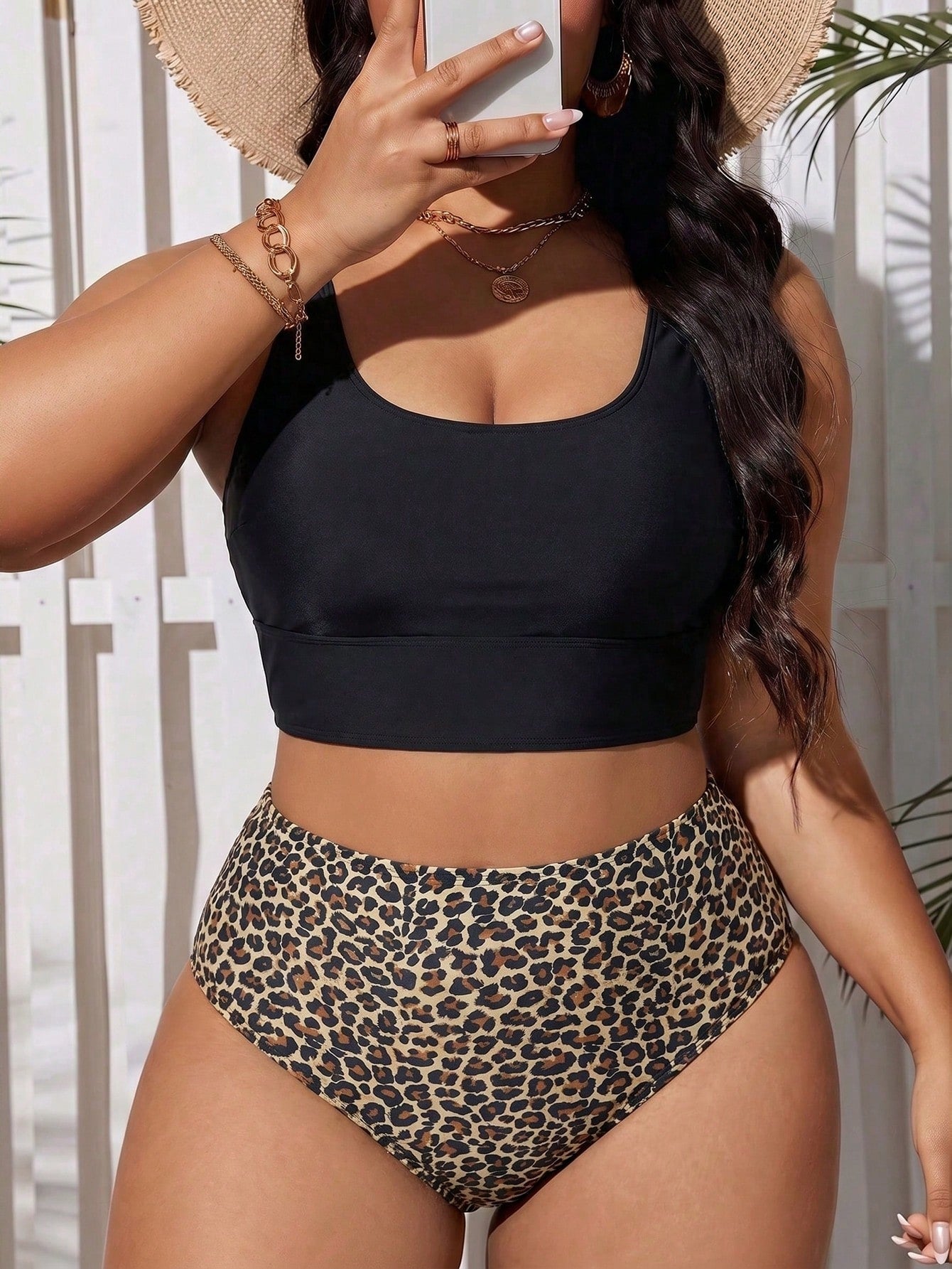 Swim Lushoire Plus Size Women's Solid Color Tank Top And Leopard Print Triangle Bikini Bottom Swimsuit Set