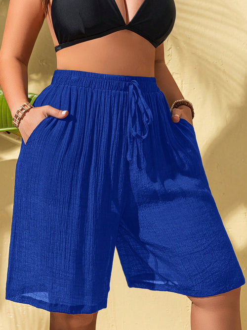 Swim Lushoire Plus Size Women's Solid Color Tie-Up Knee Length Shorts With Coverup For Summer Beach Vacation
