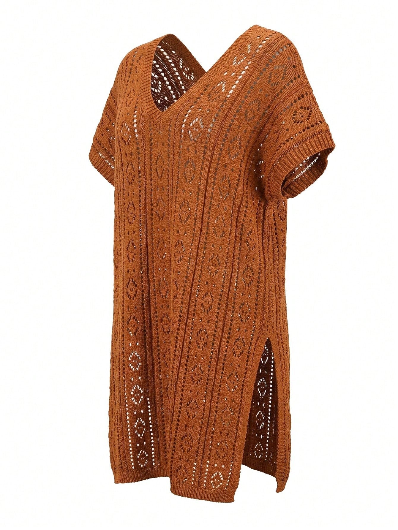Swim Lushoire Plus Size Women's Summer Beach Beach Vacation Vacation Solid Color Open Knit Split Hem Cover-Up Dress White Boho