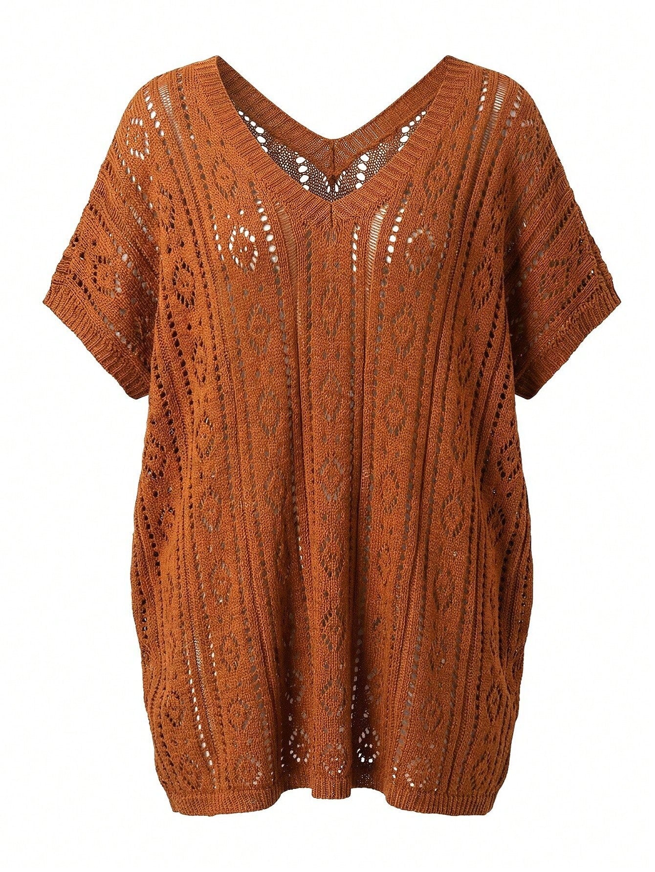 Swim Lushoire Plus Size Women's Summer Beach Beach Vacation Vacation Solid Color Open Knit Split Hem Cover-Up Dress White Boho