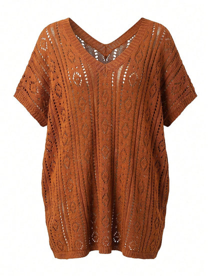 Swim Lushoire Plus Size Women's Summer Beach Beach Vacation Vacation Solid Color Open Knit Split Hem Cover-Up Dress White Boho