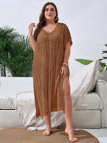 Swim Lushoire Plus Size Women's Summer Beach Beach Vacation Vacation Solid Color Open Knit Split Hem Cover-Up Dress White Boho
